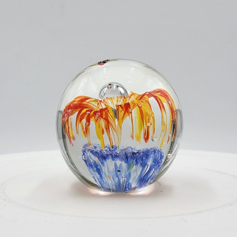 Glass Flower Dragonfly Paperweight Orange Blue Blown Art Glass